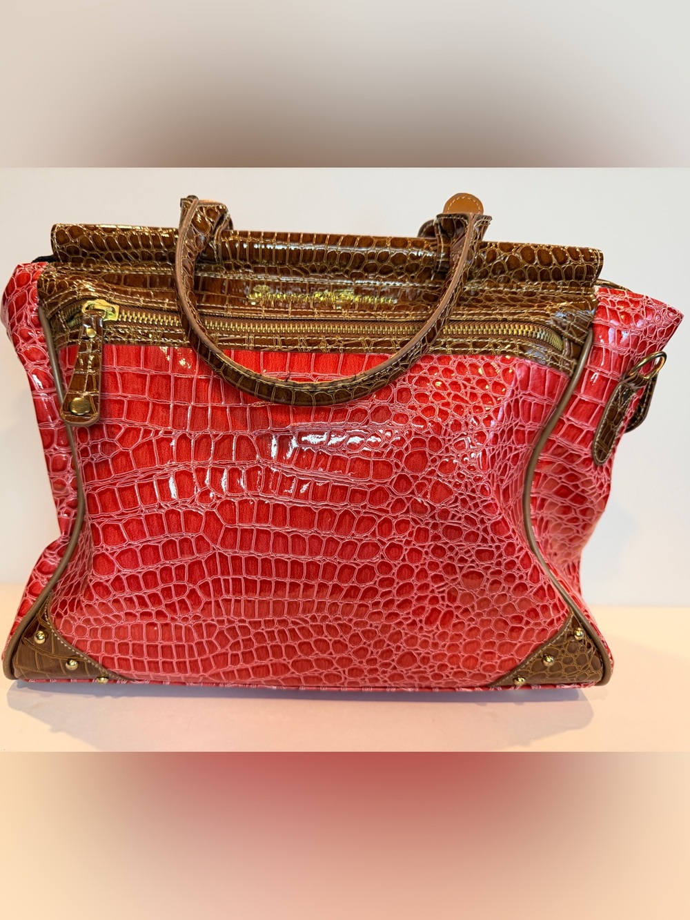 Croc-Embossed Red Tote with Brown Trim